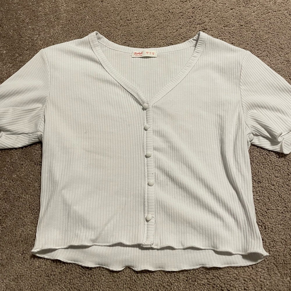 Romwe white short sleeved buttoned blouse